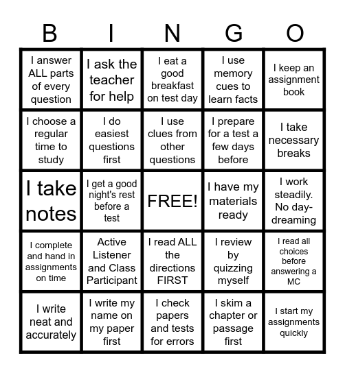 Test Taking Strategies Bingo Card