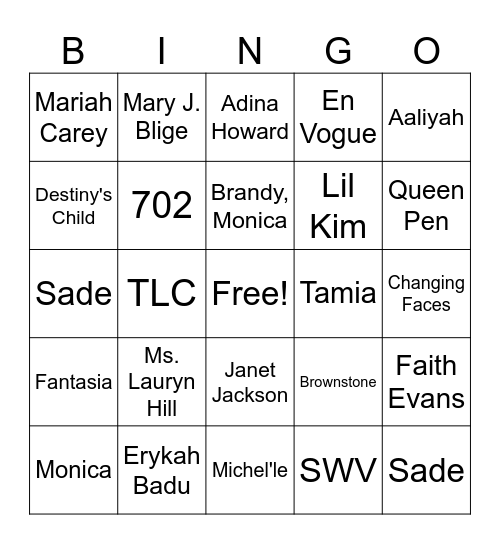Women of R&B Bingo Card