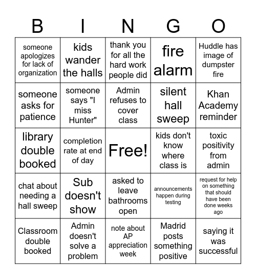 Dumpster Fire Bingo Card