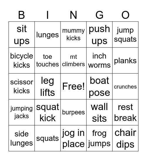 Fitness Bingo Card