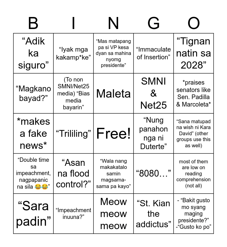 DDS Comment Section Bingo Card