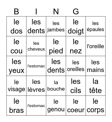 French Body Parts Bingo Card