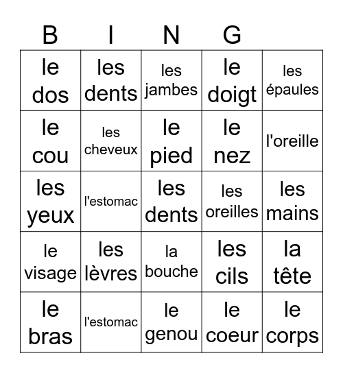 French Body Parts Bingo Card