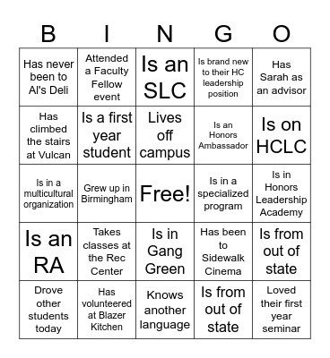 HC Student Leadership Bingo Card
