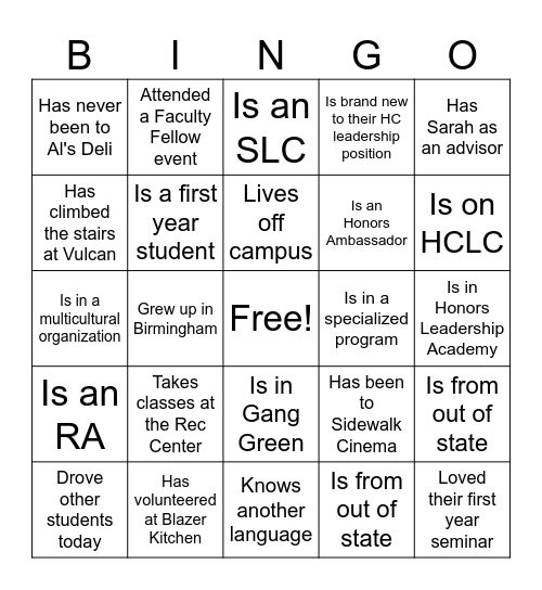 HC Student Leadership Bingo Card