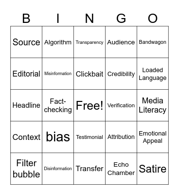 News/Media Literacy Bingo Card