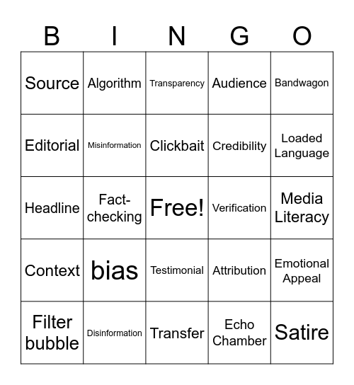 News/Media Literacy Bingo Card