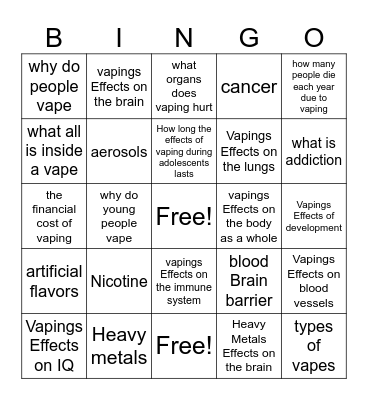 Vaping Bingo Card Bingo Card