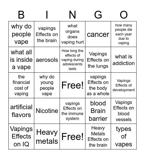 Vaping Bingo Card Bingo Card