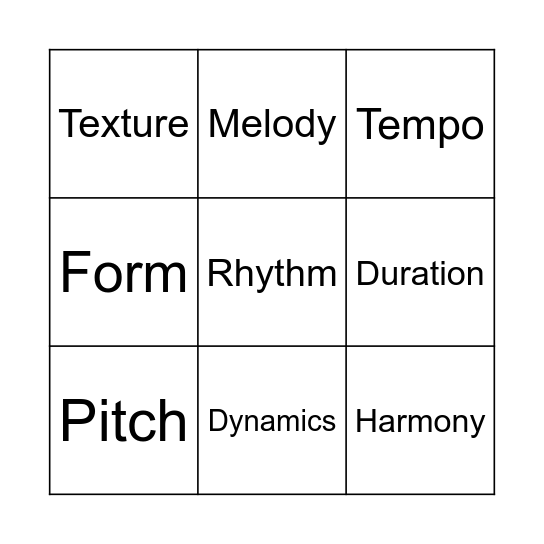12 Elements of Music Bingo Card