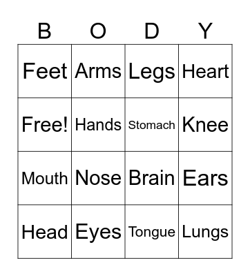 Body Part Bingo Card