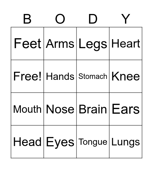 Body Part Bingo Card