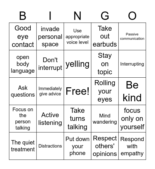 Communication Bingo Card