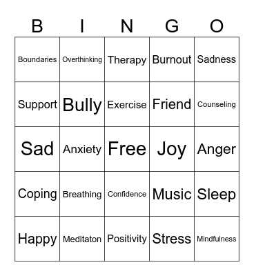 Mental Health Bingo Card