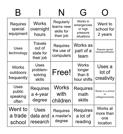WUE 2026 Career Day Bingo Card
