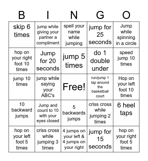 Jump Rope Bingo Card