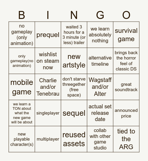 New DS game trailer bingo Card