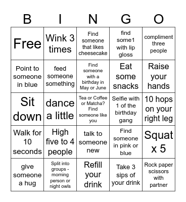 Social Party Actions Bingo Card