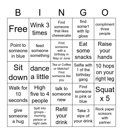 Social Party Actions Bingo Card