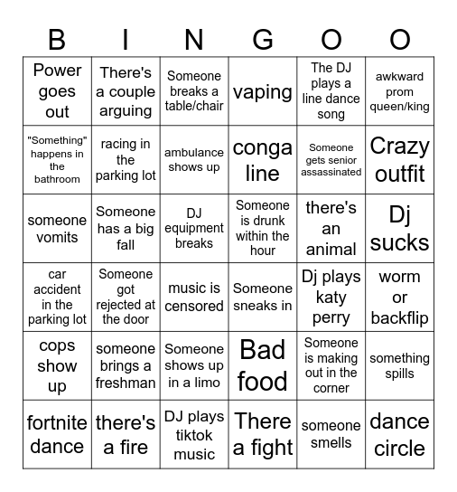 Prom Bingo Card