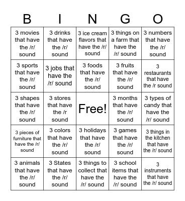 3 things /r/ sound Bingo Card