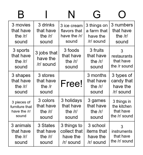 3 things /r/ sound Bingo Card