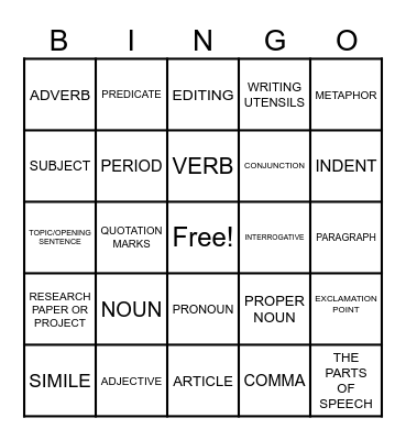 GRAMMAR BINGO Card
