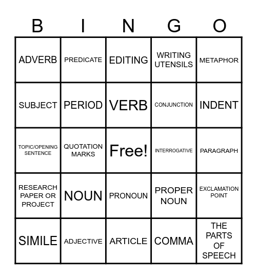 GRAMMAR BINGO Card
