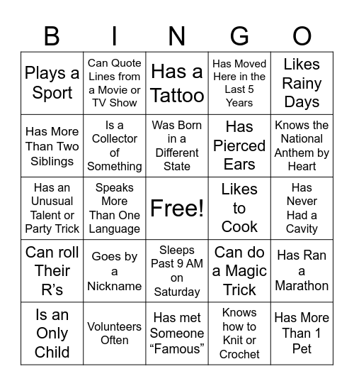 Ops. Human Bingo! Bingo Card