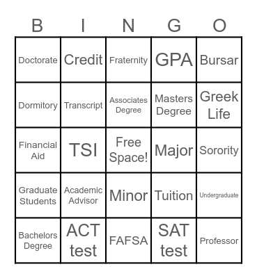 College Vocab Bingo Card