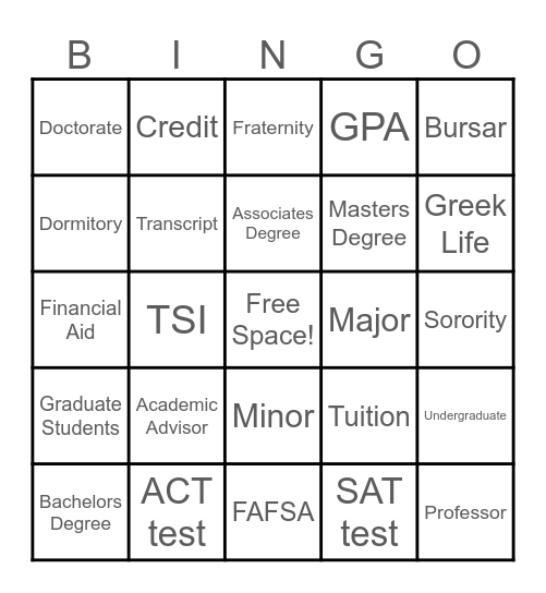 College Vocab Bingo Card
