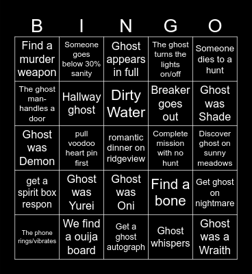 Phasgo Bingo Card