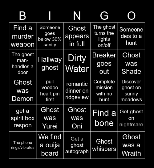 Phasgo Bingo Card