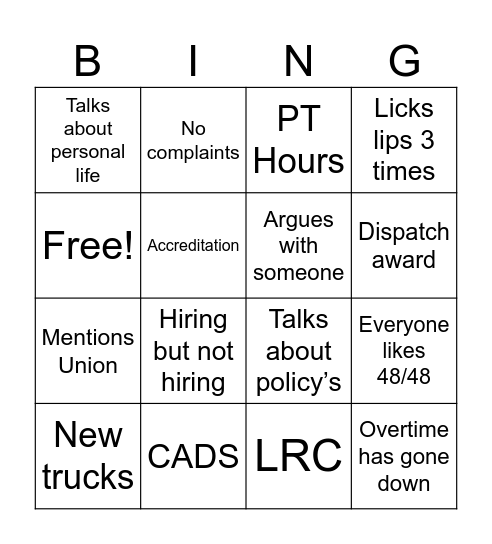 Town Hall Bingo Card