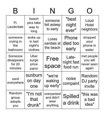 Spring Break Bingo Card