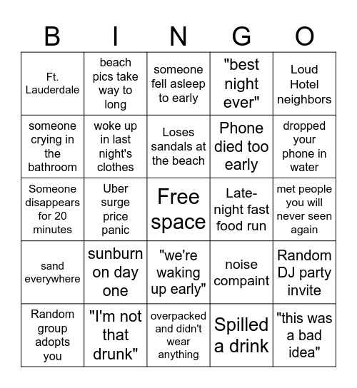 Spring Break Bingo Card
