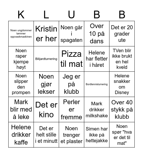 Hva skjer egt på klubben? Bingo Card