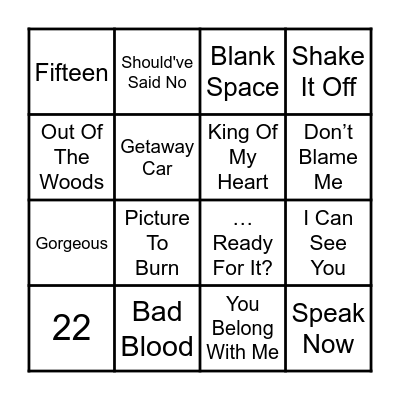 Taylor swift bingo Card