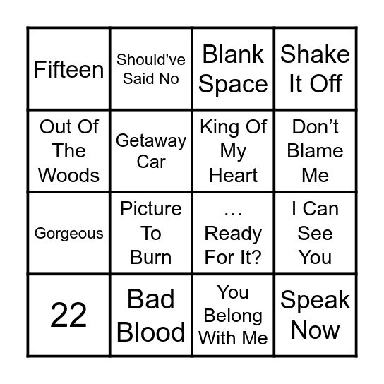 Taylor swift bingo Card