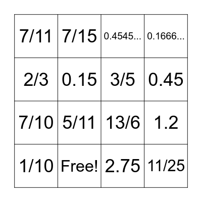 Decimals & Fractions Bingo Card