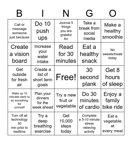 Wellness Bingo Card