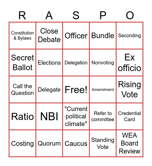 RA 26 Spokane Bingo Card