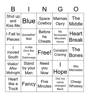 Women's Country Game 1 Bingo Card