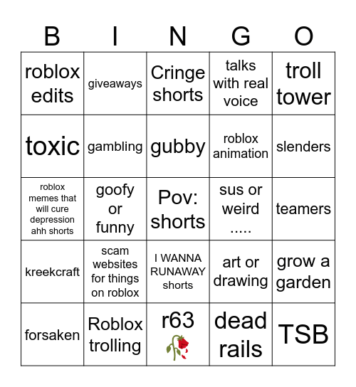 roblox YouTube shorts or tiktok Bingo Card