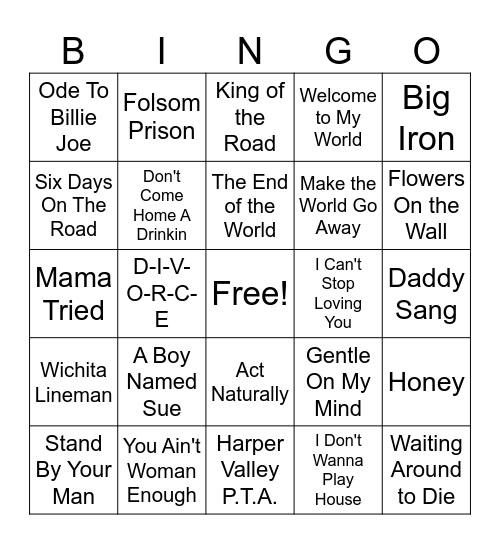 60s Country Bingo Card