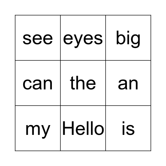 My Big Eyes Bingo Card
