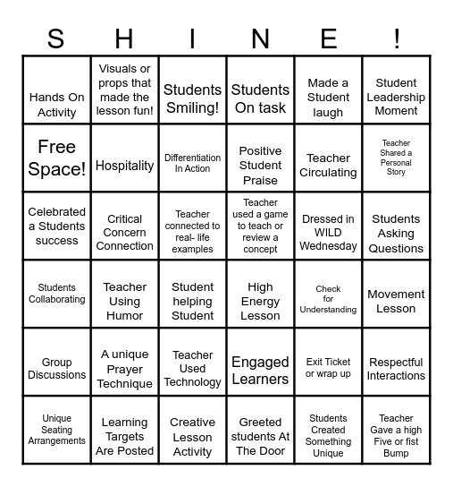 Shine and Spot! Bingo Card