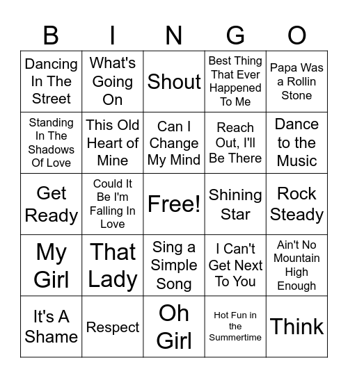 60s/70s MoTown Bingo Card