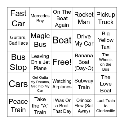 Transportation- Music Bingo Card