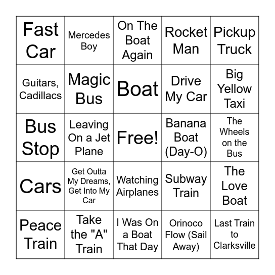 Transportation- Music Bingo Card
